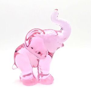 Lenox Fenton Pink Glass Small Elephant Figurine Raised Trunk Signed 4.75"